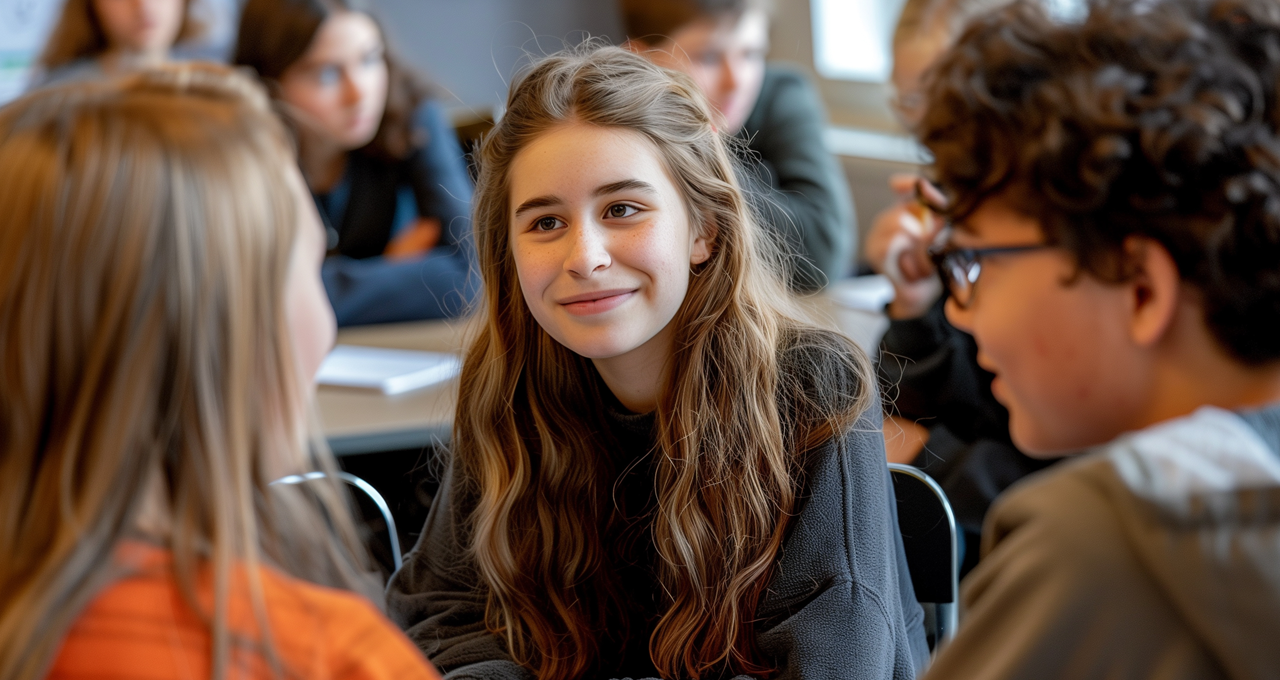 Ungdommer i samtale i et klasserom