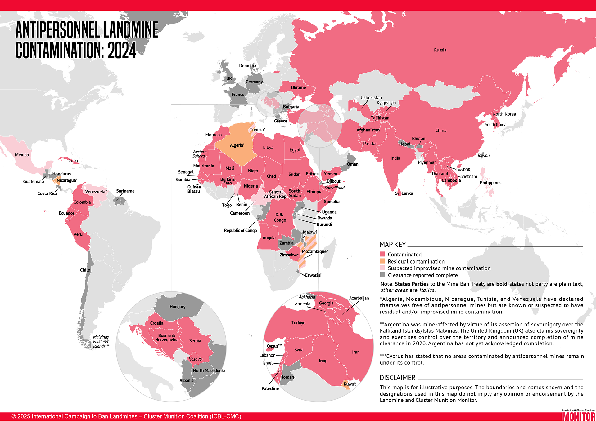 Kart over landminer og udetonert ammunisjon i verden 2024